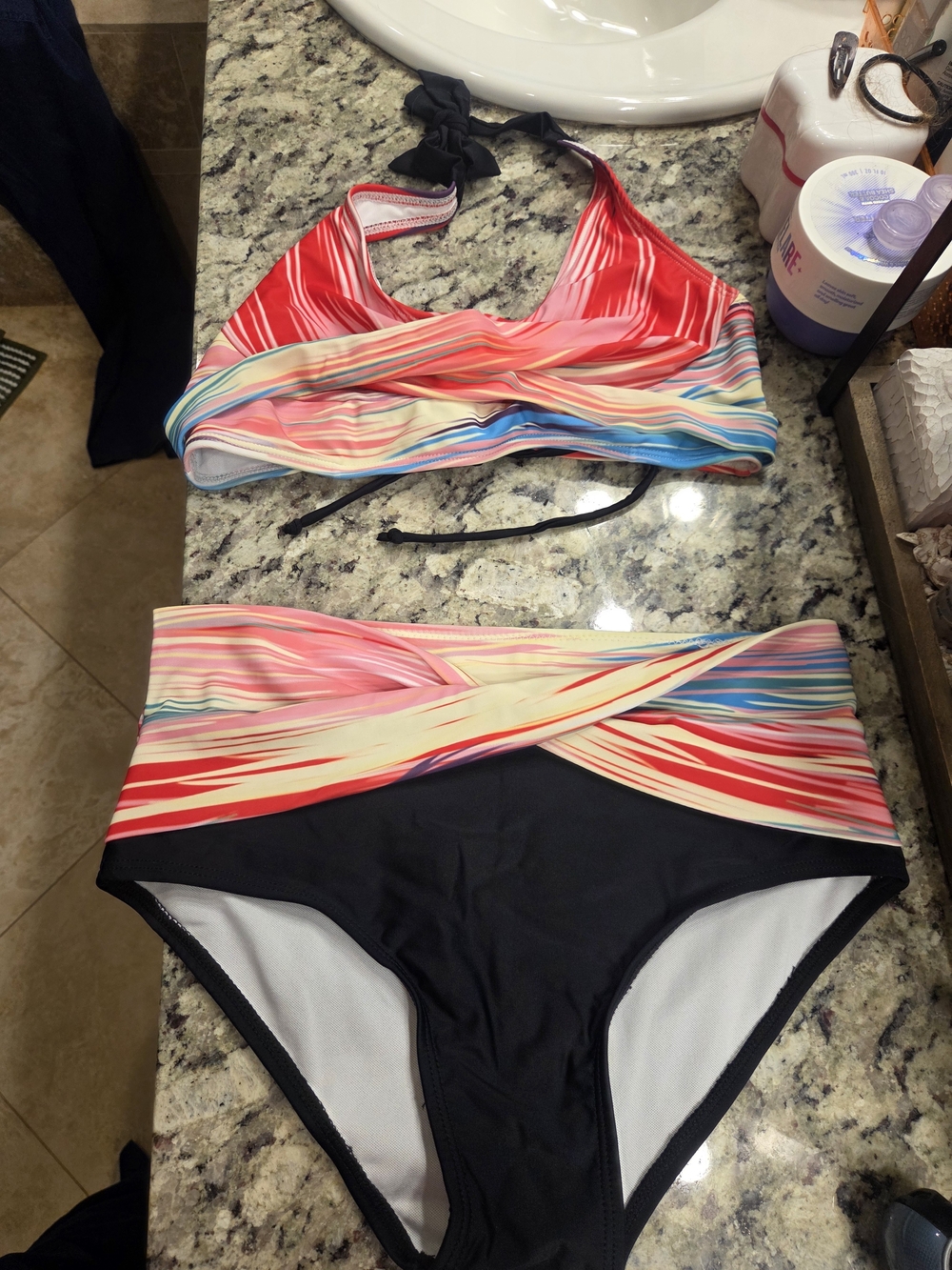 High-Waist Two-Piece Swim Set in Multi-Color and Black